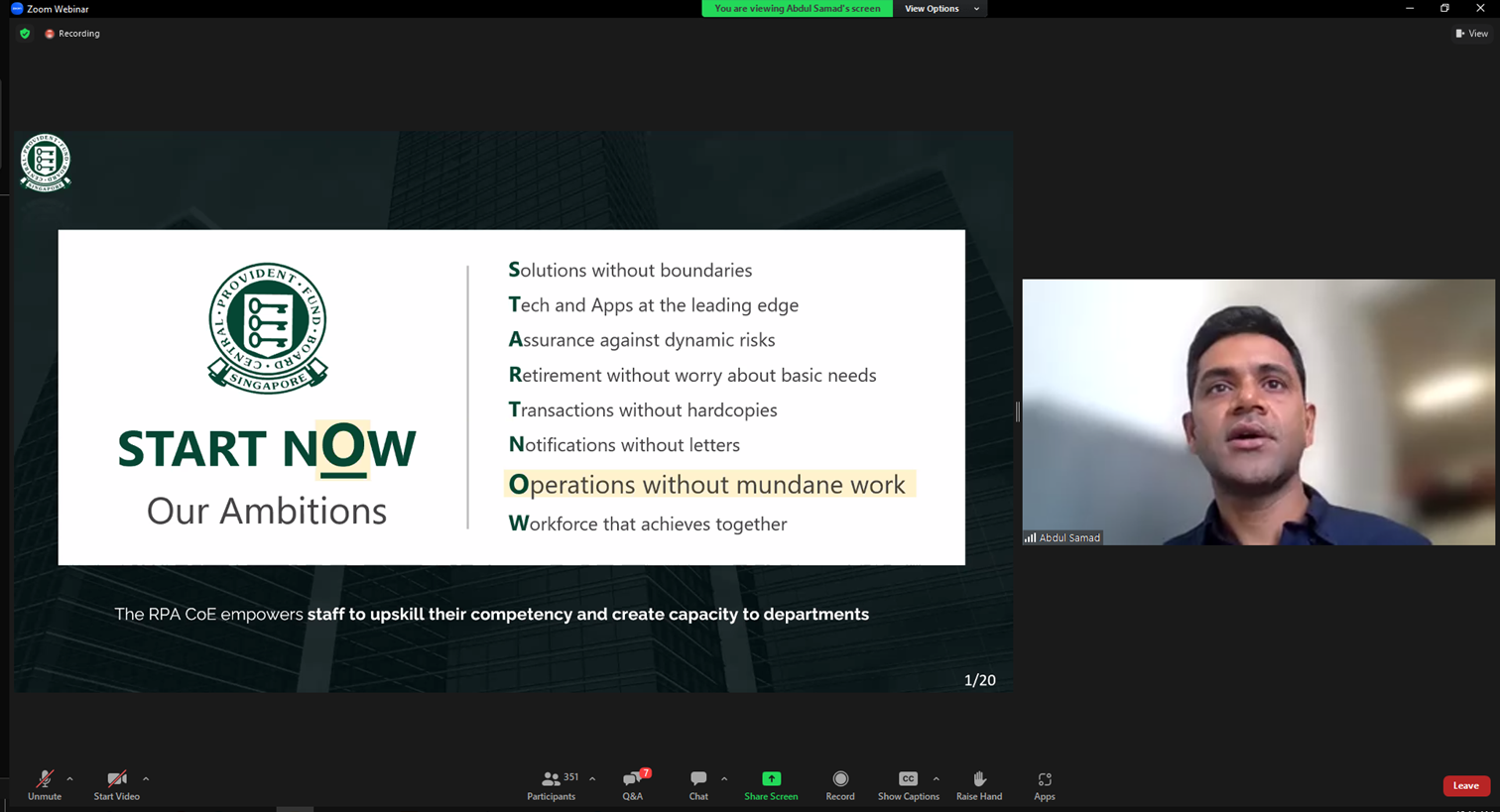 Zoom webinar showing a slide titled "START NOW Our Ambitions" with a list of goals, and a man named Abdul Samad on camera.